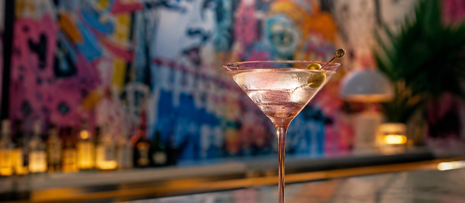 A martini in a rose-tinted coupe on a marble bar, street-art mural behind